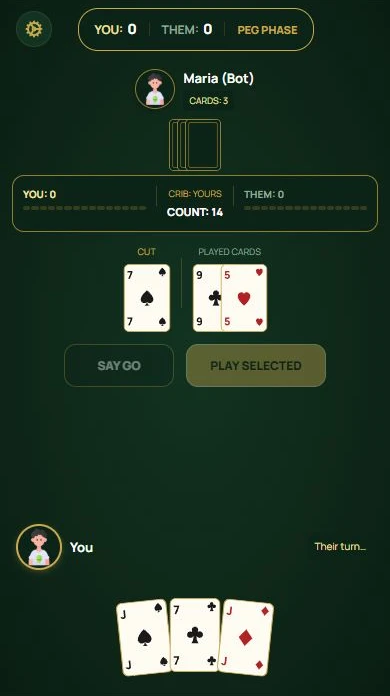Cribbage — Pegging in progress with a running count of 14.