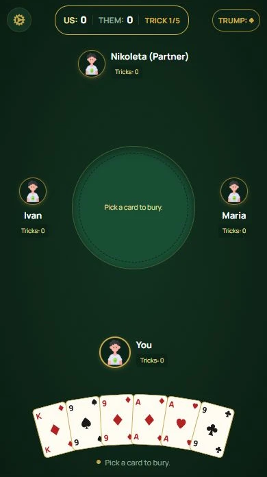 Euchre — Clubs are trump: choose a card to bury after pickup.