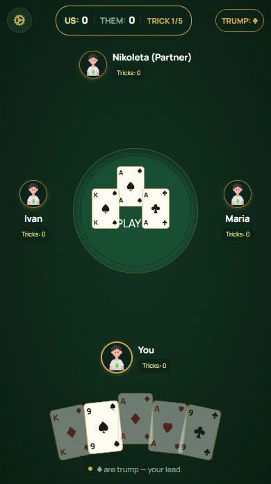 Euchre — Follow the opening trick with your five-card hand.