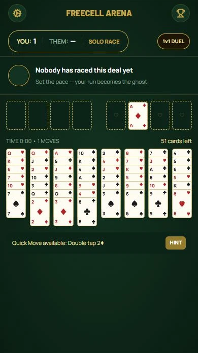 FreeCell — FreeCell: the ace of diamonds moves to a foundation.