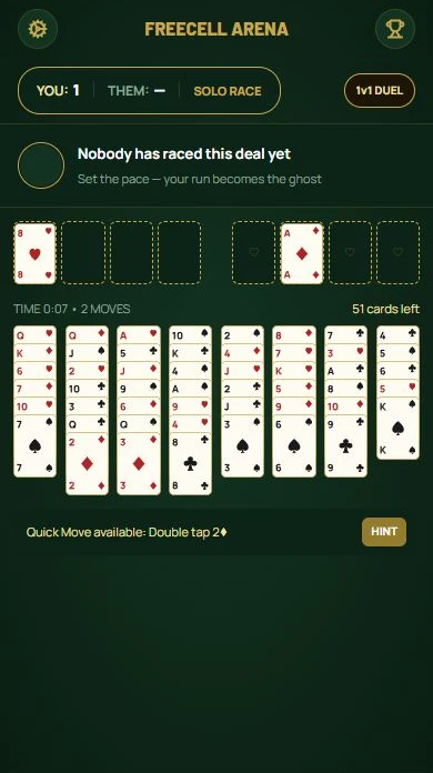 Solitaire — An eight of hearts held in a free cell opens the column.