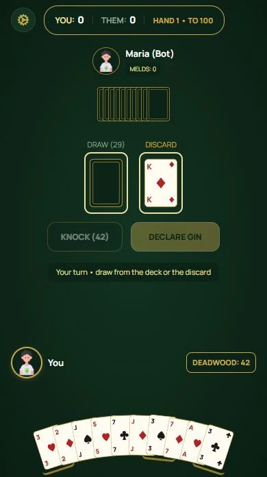 Gin Rummy — The hand after discarding, with 42 deadwood points.