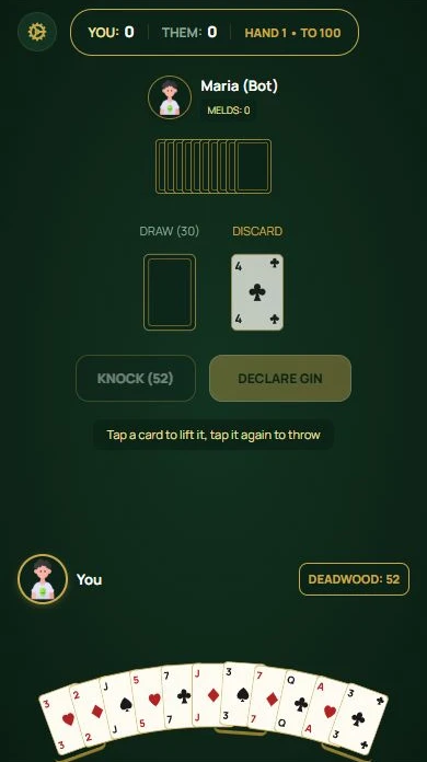 Gin Rummy — Draw a card, then choose one to discard against a bot.