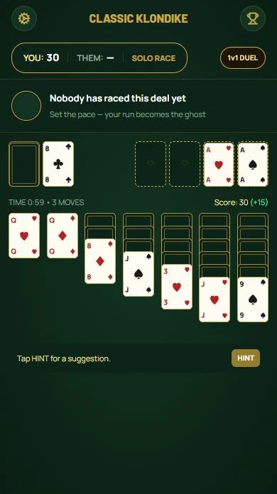 Klondike — Two aces on the foundations after three moves.