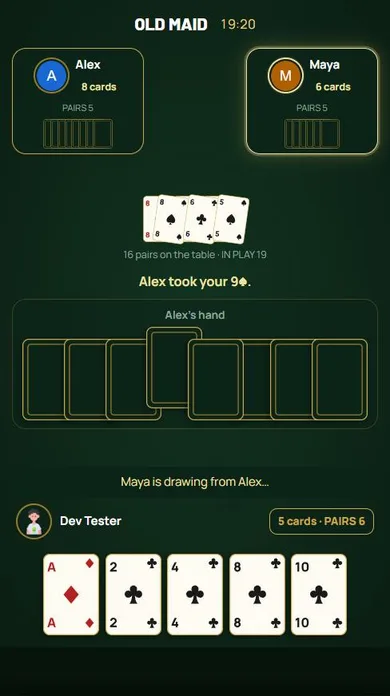 Old Maid — A bot draws blind from its neighbour while the pairs pile up.