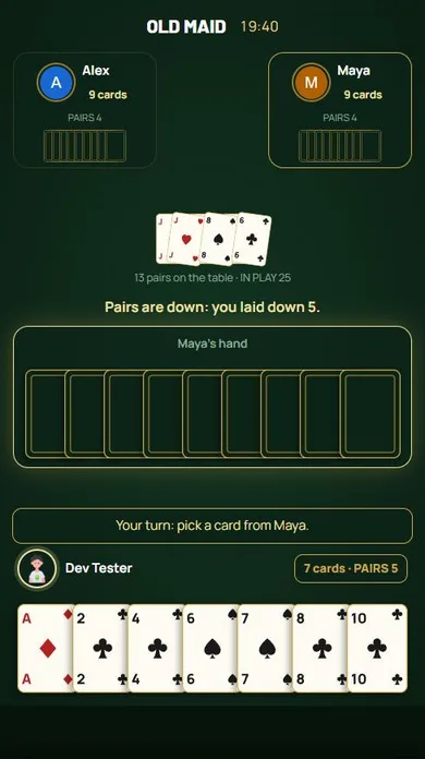 Old Maid — Your turn: draw a face-down card from the player on your right.