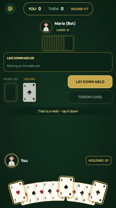 Rummy — Select three threes to lay down a set.