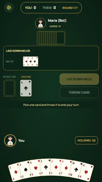 Rummy — The set is on the table; choose a card to discard.