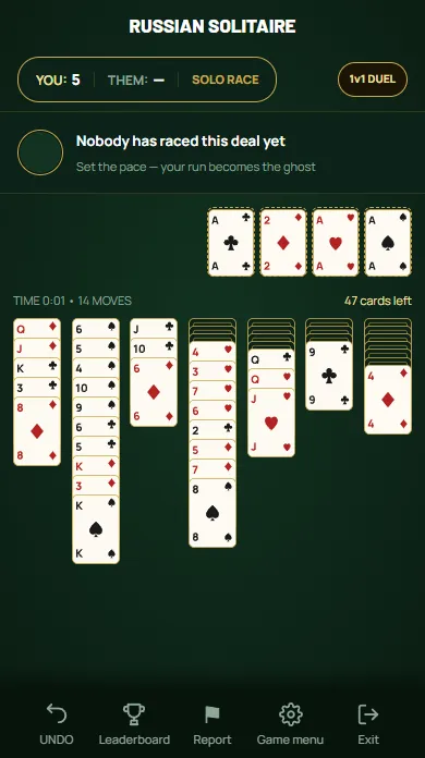 Russian Solitaire — Three Aces home and the Two of diamonds on its Ace.