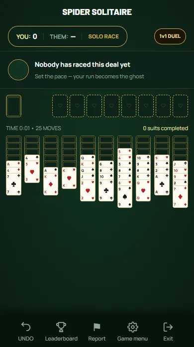 Spider Solitaire — Spider with four suits: clubs, diamonds, hearts and spades in the same ten columns.