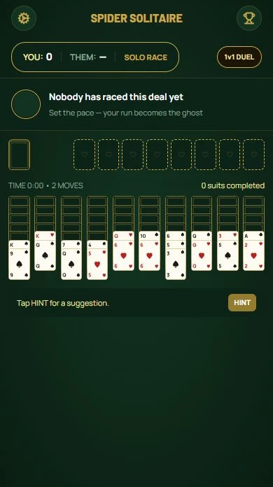 Spider Solitaire — A new row dealt across all ten columns.