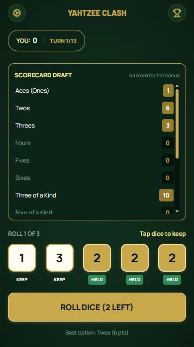 Yahtzee — Keep three twos and reroll the other dice.