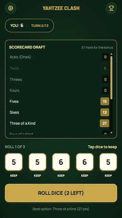 Yahtzee — Six points recorded for twos; the next turn begins.