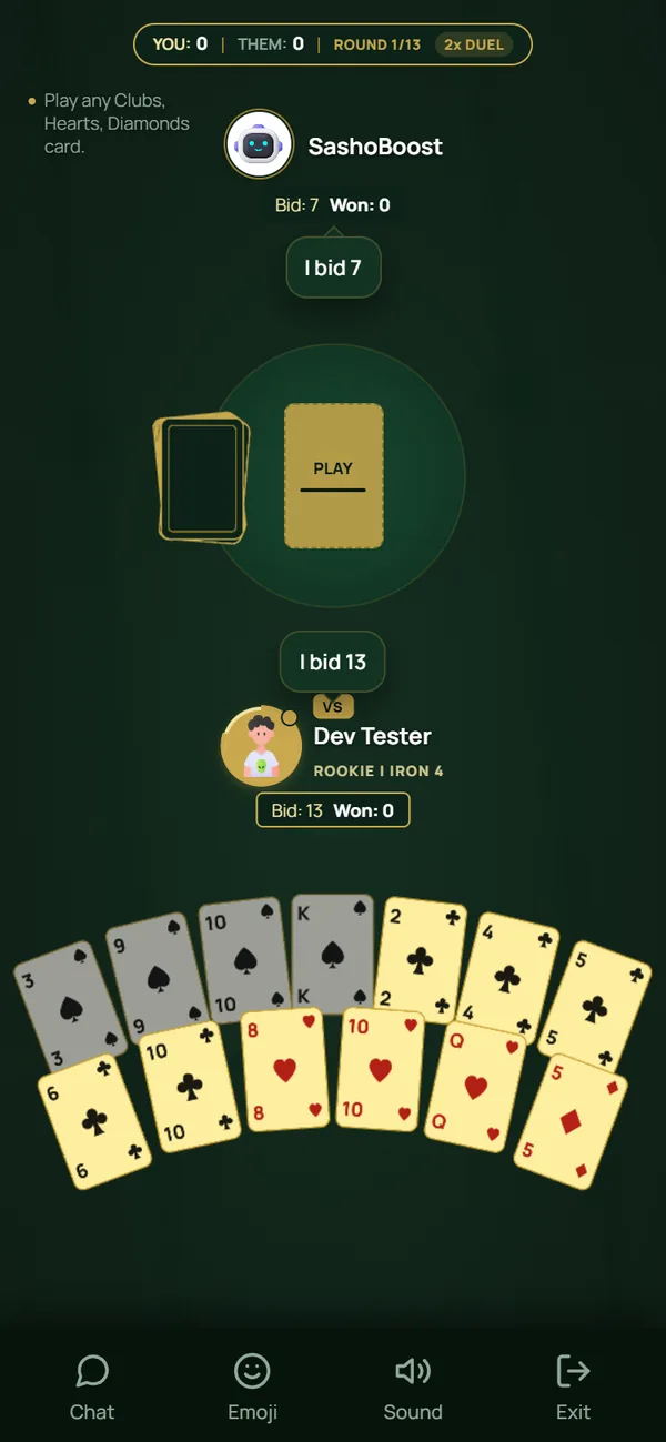 Head-to-head — Two hands and a stock to draw from — win the trick, take a card.