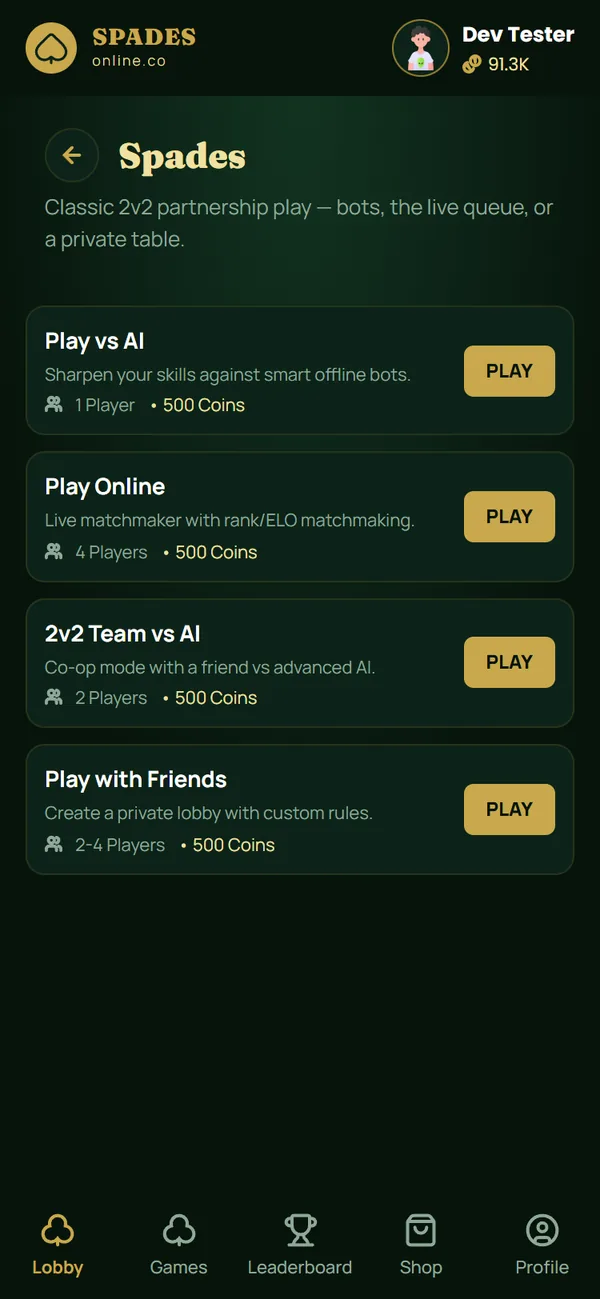 Pick a mode — vs AI, online, 2v2 or with friends — one tap from the lobby.