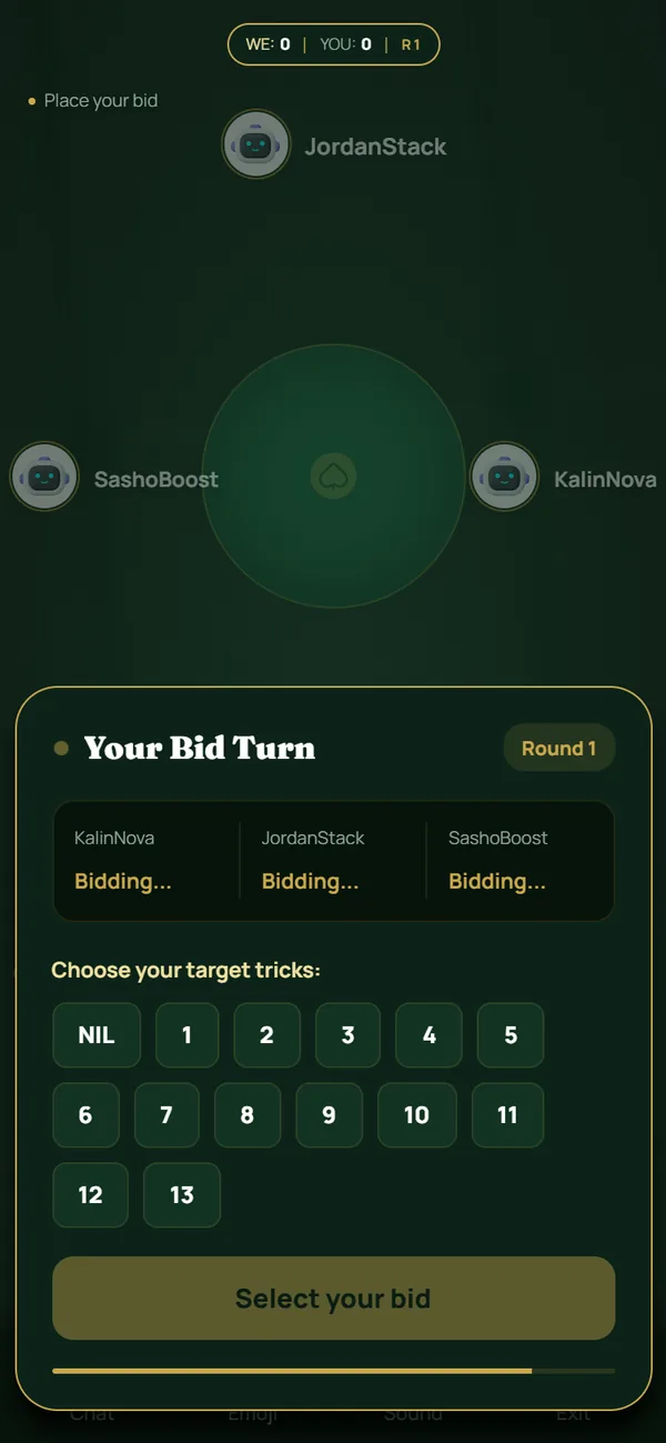 Call your tricks — Pick a number from NIL to 13, then confirm before the clock runs out.