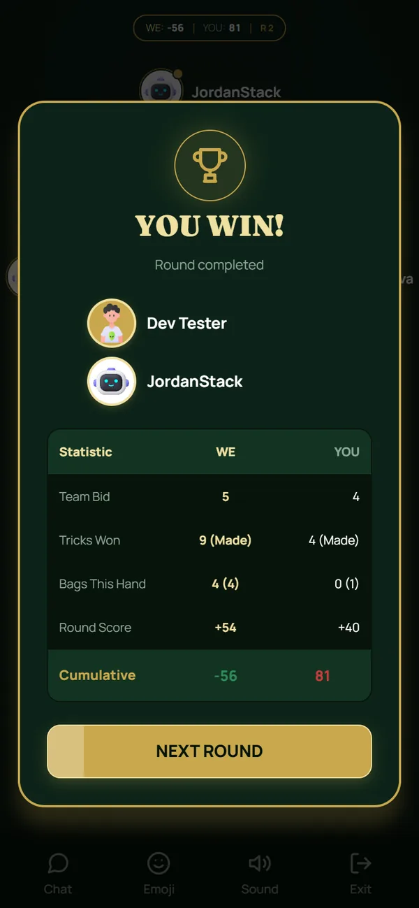 Round scored — Bids, bags and NIL bonuses, with the running team score.