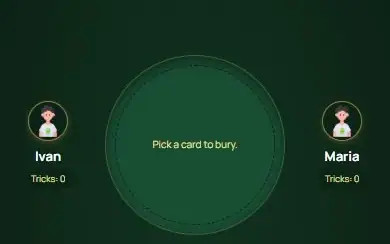 Euchre — Tréboles es triunfo: elige una carta para descartar tras recoger.